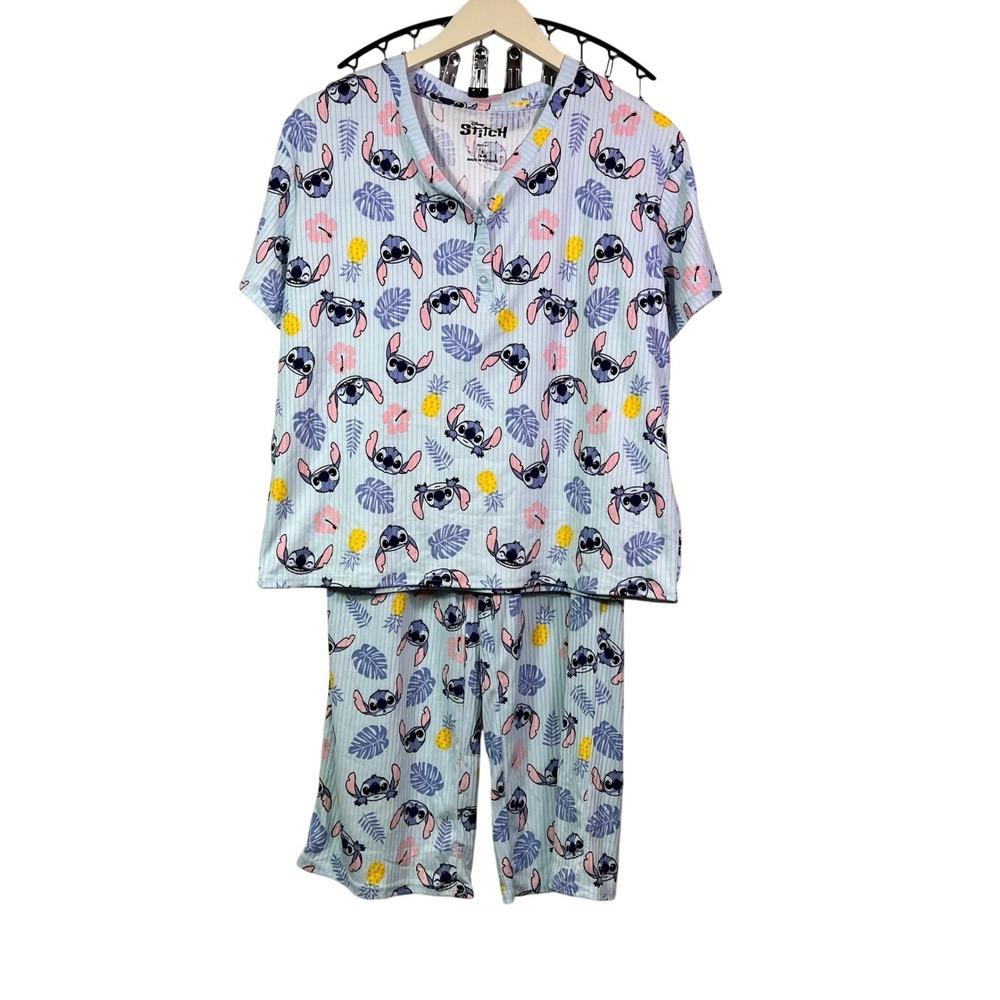 Disney Stitch Womens Blue Tropical Ribbed Pajama Set Top Pants Small